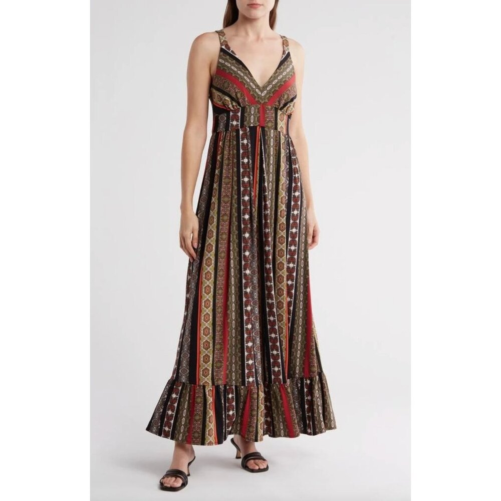 M Magaschoni Bohemian Tile Print Sleeveless Maxi Dress Ruffle Hem Size XS Boho